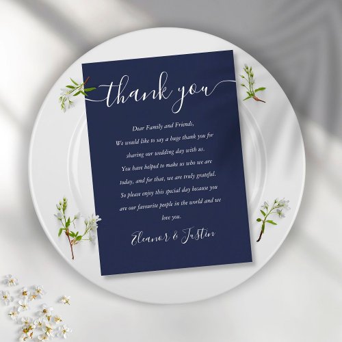 Navy Blue Script Wedding Thank You Place  Place Card