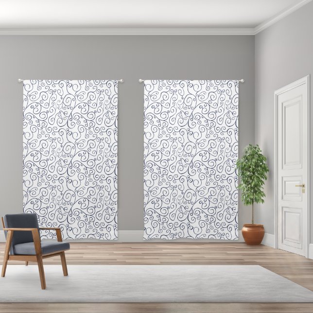 Navy Blue Scrolling Curves White Abstract Pattern Blackout Curtains (Wide)