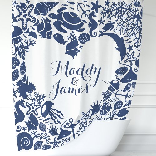 Navy Blue Sea Creatures Couples Heart Monogram Shower Curtain