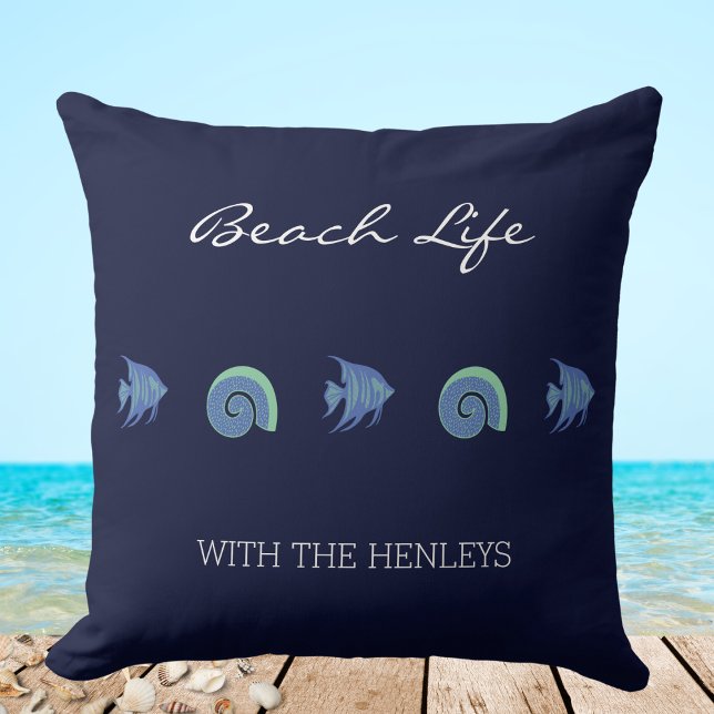 Navy Blue Sea Shells Fish Family Name Beach House Throw Pillow (Creator Uploaded)