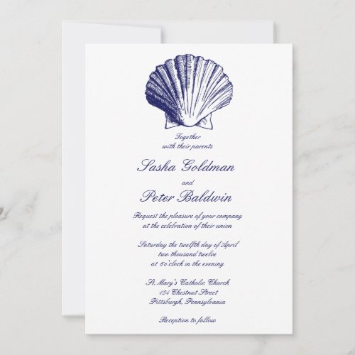 Navy Blue Sea Shells Wedding Invitation