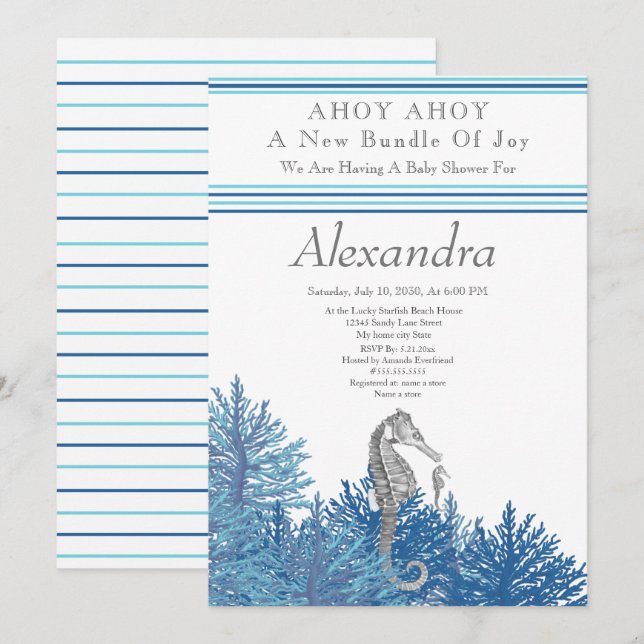 Navy Blue Seahorse Ahoy it's a boy Baby Shower (Front/Back)