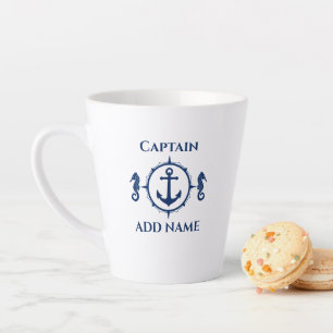 Navy Blue Seahorse & Anchor Name or Boat 2 Sided Latte Mug