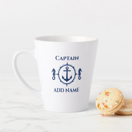 Navy Blue Seahorse  Anchor Name or Boat 2 Sided Latte Mug