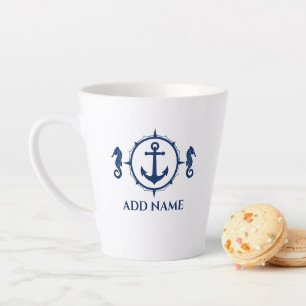 Navy Blue Seahorse & Anchor Your Name 2 Sided Latte Mug