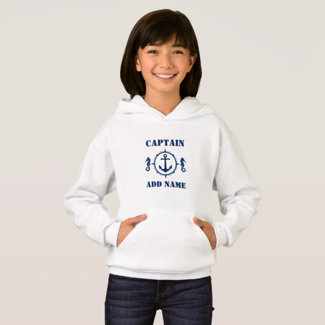 Navy Blue Seahorse Boat Anchor & Name/Rank Hoodie (Front Full)