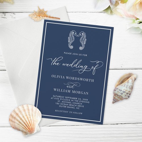 Navy Blue Seahorse Coastal Beach Script Wedding Invitation