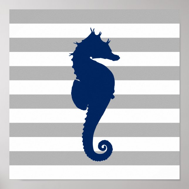 Navy Blue Seahorse Gray and White Stripes Poster (Front)
