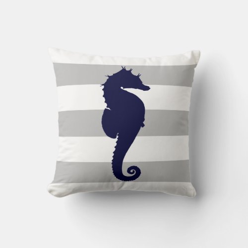 Navy Blue Seahorse On Gray And White Stripes Throw Pillow