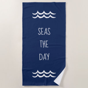 Navy Blue Seas the Day Waves Nautical Beach Towel