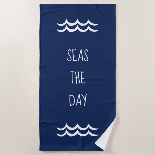 Navy Blue Seas the Day Waves Nautical Beach Towel (Front)