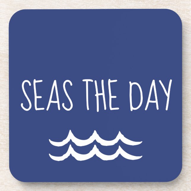 Navy Blue Seas the Day Waves Nautical Beverage Coaster (Front)