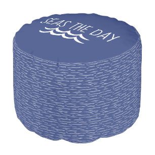 Navy Blue Seas the Day Waves Nautical Pouf