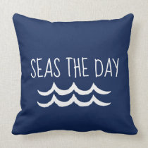Navy Blue Seas the Day Waves Nautical Throw Pillow
