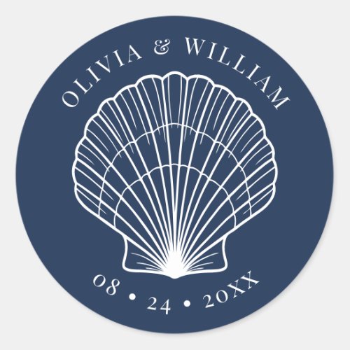 Navy Blue Seashell Beach Coastal Wedding  Classic Round Sticker