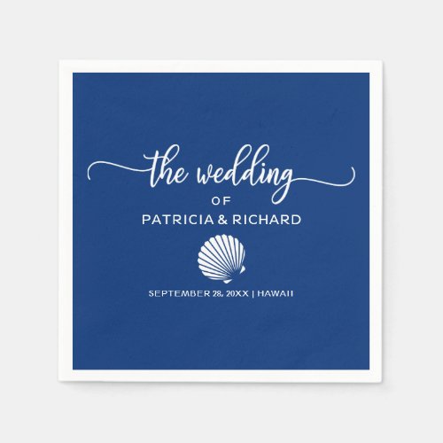 Navy Blue Seashell Beach Destination Wedding Napkins