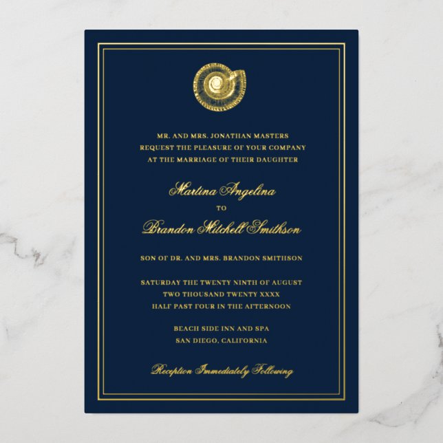 Navy Blue Seashell Beach Gold Foil Invitation (Front)