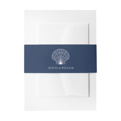 Navy Blue Seashell Beach Minimal Wedding  Invitation Belly Band