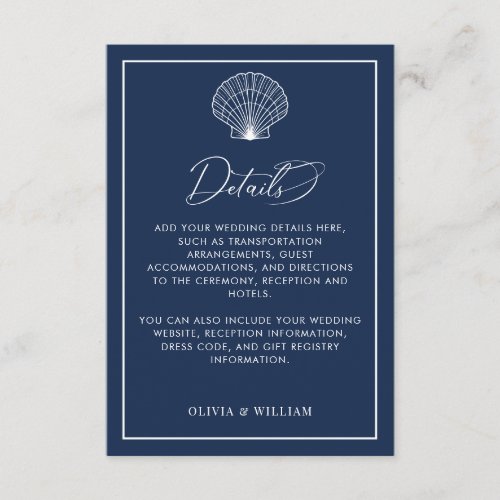 Navy Blue Seashell Beach Wedding Details Enclosure Card