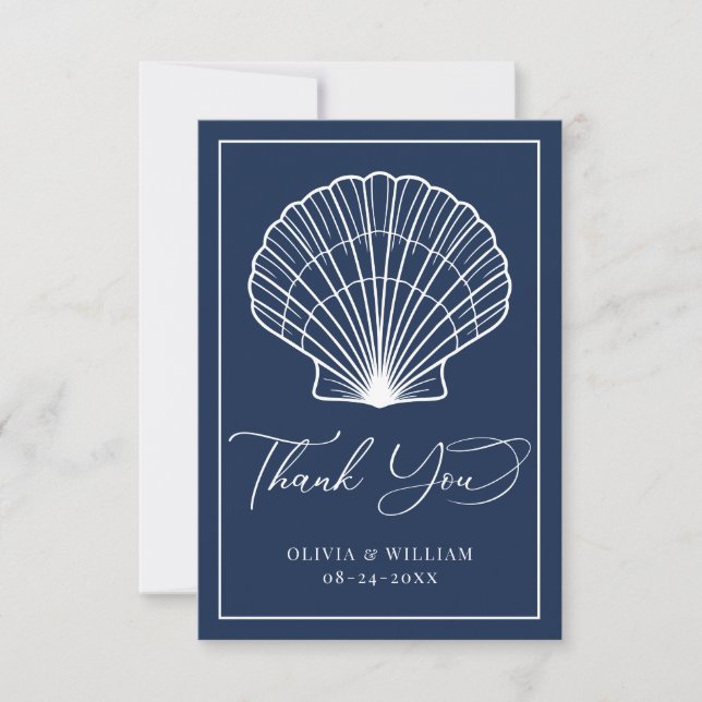 Navy Blue Seashell Beach Wedding Elegant Thank You Card (Front)