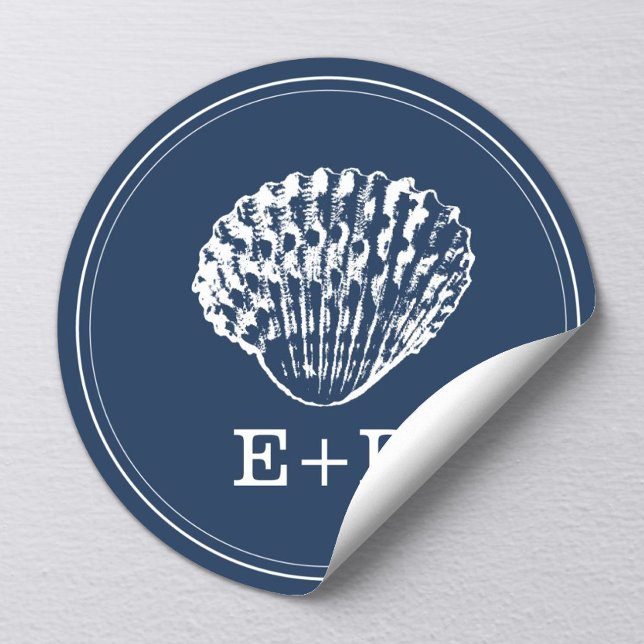 Navy Blue Seashell Beach Wedding Favor Classic Round Sticker (Creator Uploaded)