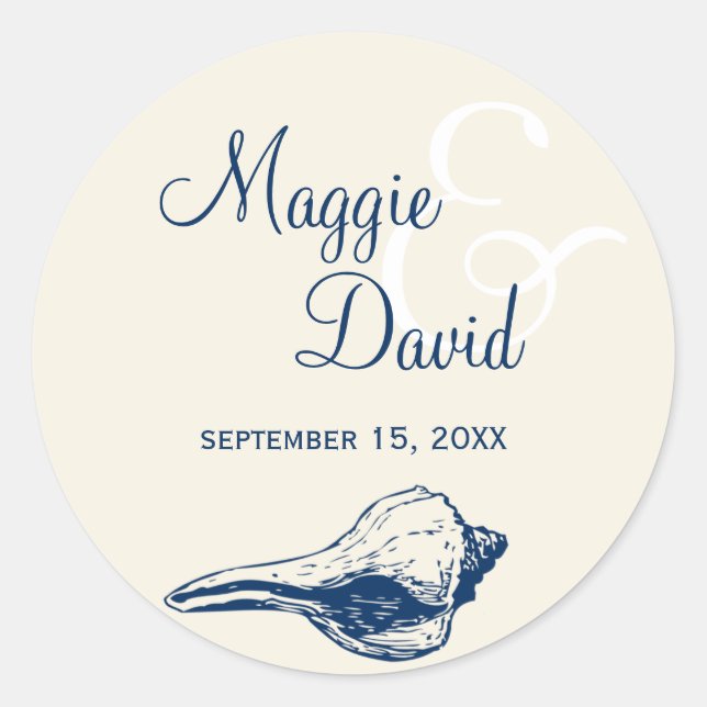 Navy blue seashell beach wedding party favor label (Front)