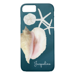Navy Blue Seashell Modern Beach Conch Starfish iPhone 8/7 Case