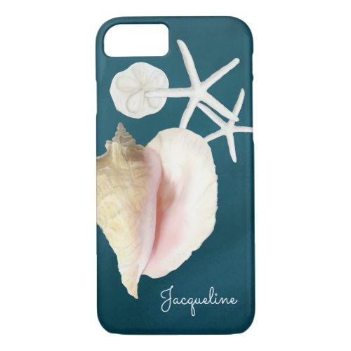 Navy Blue Seashell Modern Beach Conch Starfish iPhone 87 Case