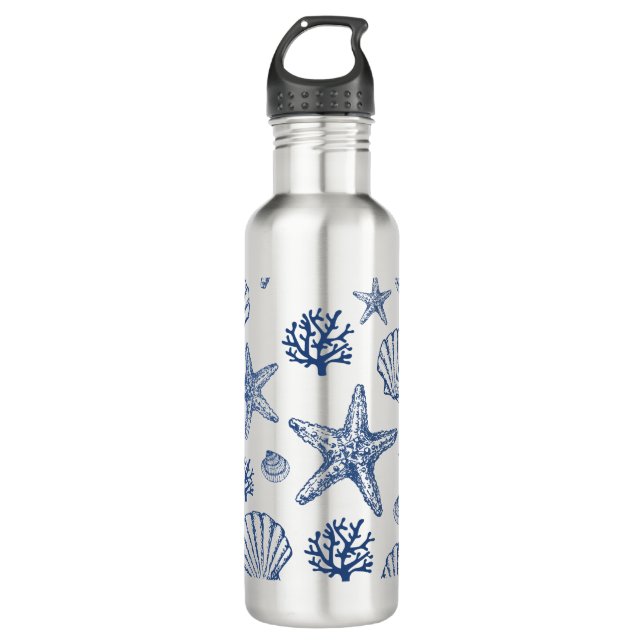 Navy Blue Seashell Pattern  Stainless Steel Water Bottle (Front)