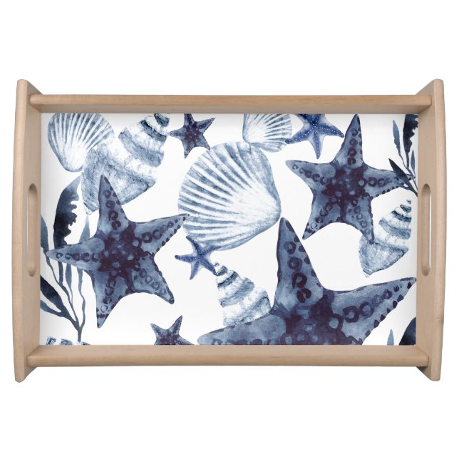 Navy Blue Seashell Starfish Beachy Pattern Serving Tray (Front)