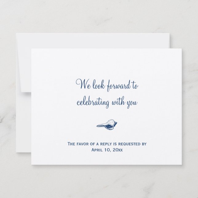 Navy blue seashell wedding enclosure RSVP response (Front)