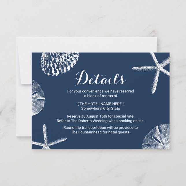 Navy Blue Seashells Beach Wedding Details Invitation (Front)