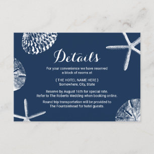 Navy Blue Seashells Beach Wedding Details Invitation