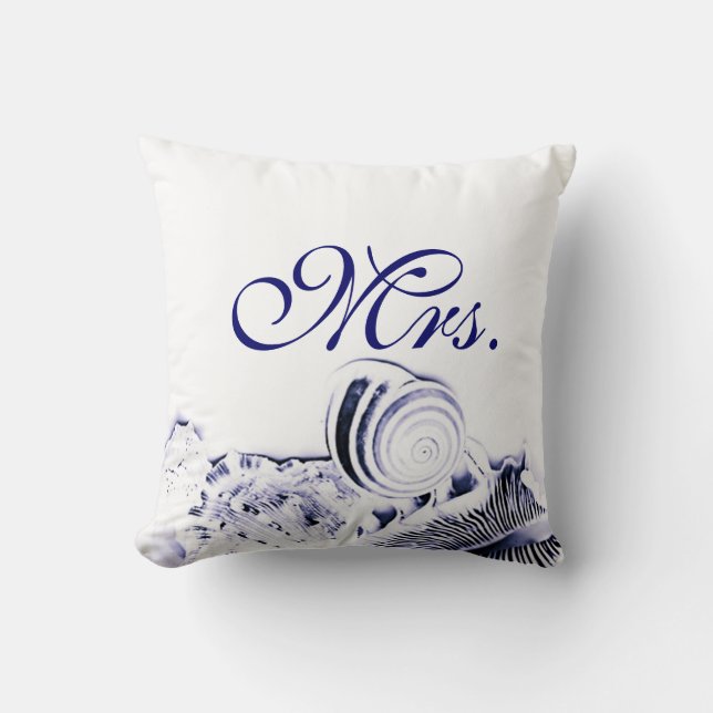 Navy Blue Seashells Mr. & Mrs. Pillow Set of Two (Front)