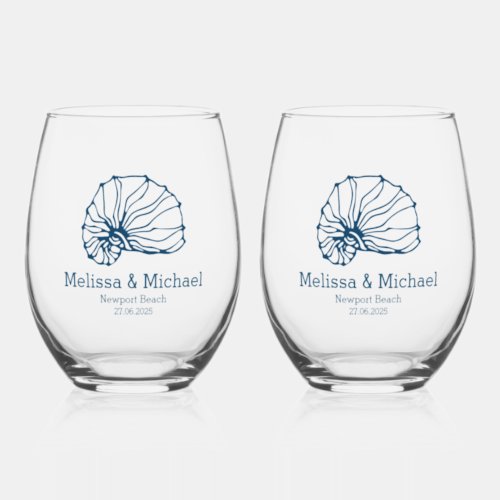 Navy Blue Seashells Nautical  Coastal Wedding Stemless Wine Glass