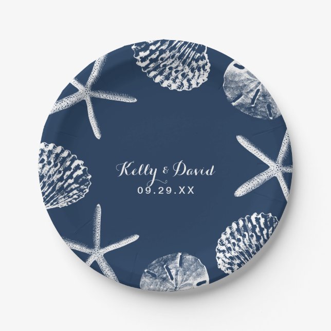 Navy Blue Seashells Summer Beach Wedding Paper Plates (Front)