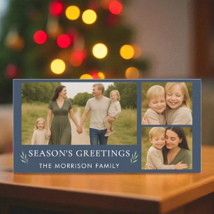 Navy Blue Season's Greetings Photo Botanical Holiday Card