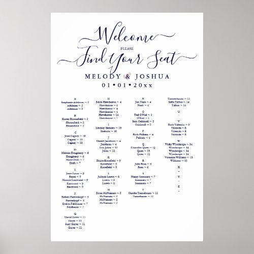 NAVY BLUE SEATING CHART ALPHABETICAL POSTER