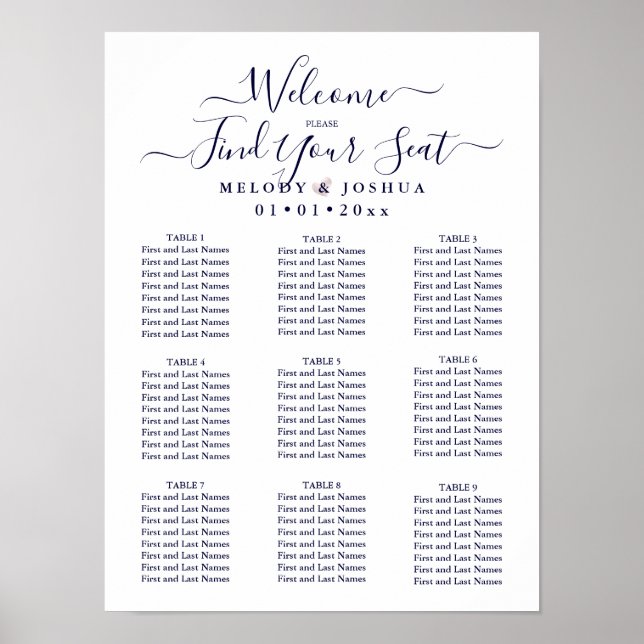 NAVY BLUE SEATING CHART|BLUSH HEART|DIY COLOR POSTER (Front)