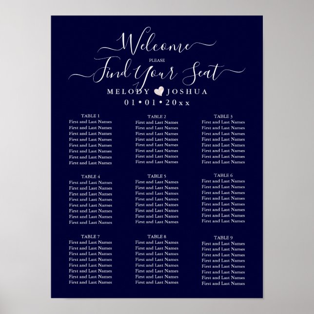 NAVY BLUE SEATING CHART|BLUSH HEART|DIY COLOR POSTER (Front)