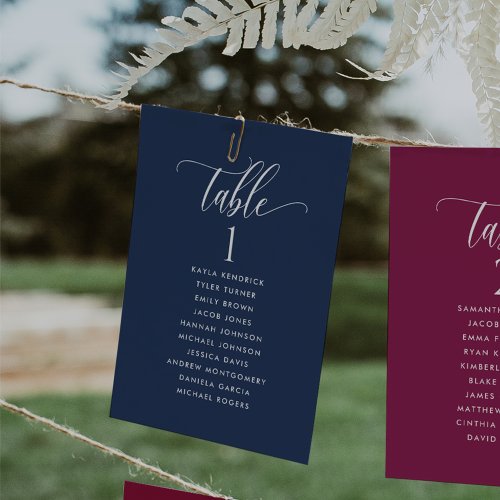 Navy Blue Seating Plan Cards with Guest Names