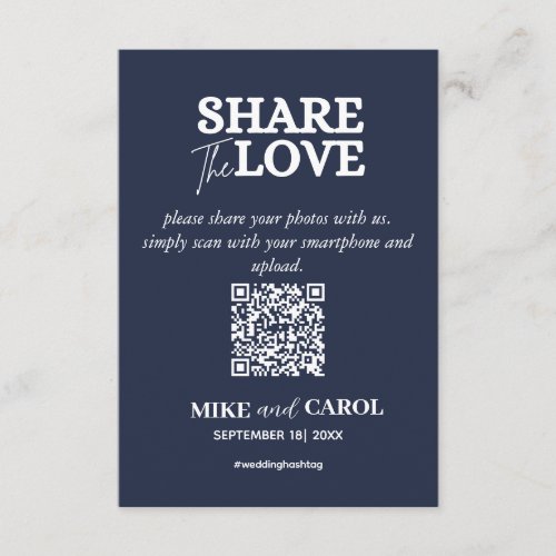 Navy Blue Share The Love Photo Qr Code Wedding Enclosure Card