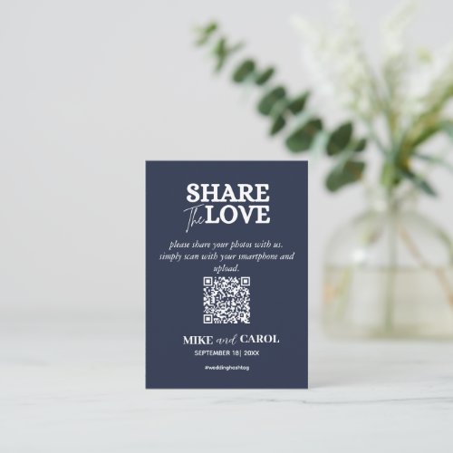Navy Blue Share The Love Photo Qr Code Wedding Note Card
