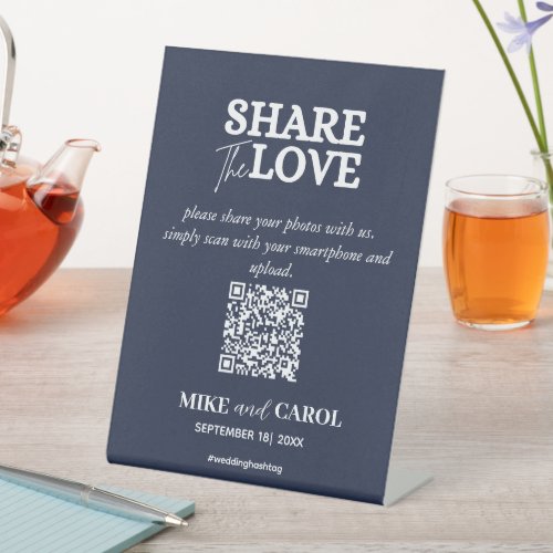 Navy Blue Share The Love Photo Qr Code Wedding Pedestal Sign