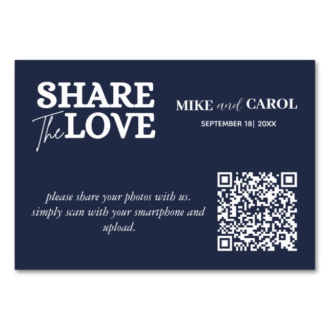 Navy Blue Share The Love Photo Qr Code Wedding Table Number (Front)
