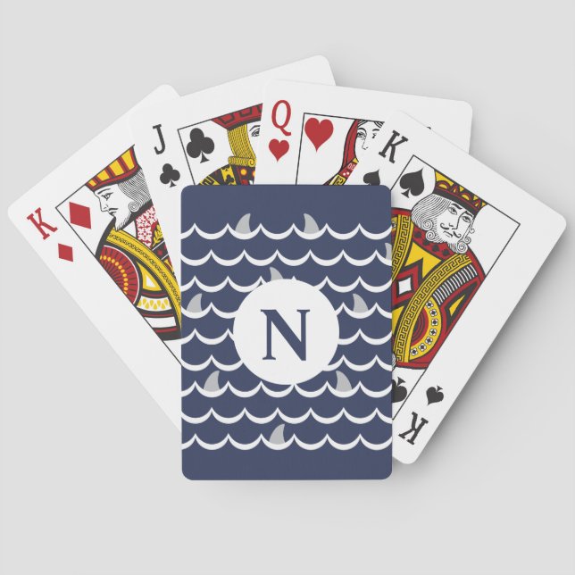 Navy Blue Shark Fin Monogram Poker Cards (Back)