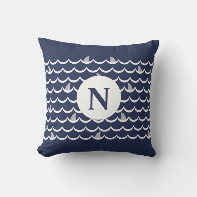 Navy Blue Shark Fin Monogram Throw Pillow (Front)
