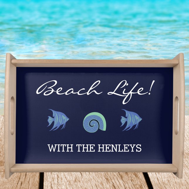 Navy Blue Shell Fish Family Name Coastal  Serving Tray (Creator Uploaded)