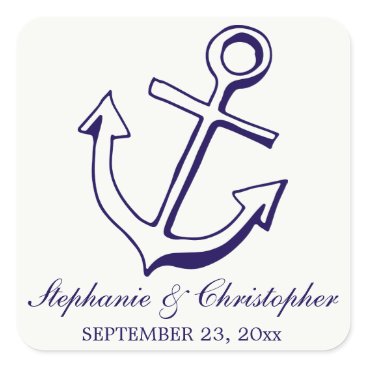 Navy Blue Ship Anchor Nautical Wedding Square Sticker Navy Blue Ship Anchor Nautical Wedding Square Sticker