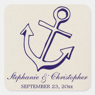 Navy Blue Ship Anchor Tan Nautical Wedding Square Sticker